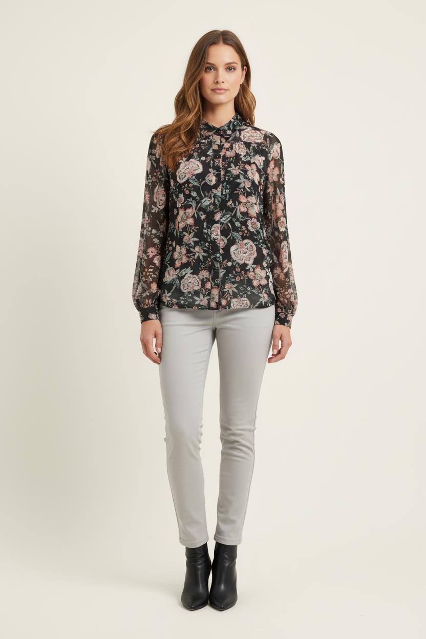 Blouse Noire et Fleurie - Taille XS/34