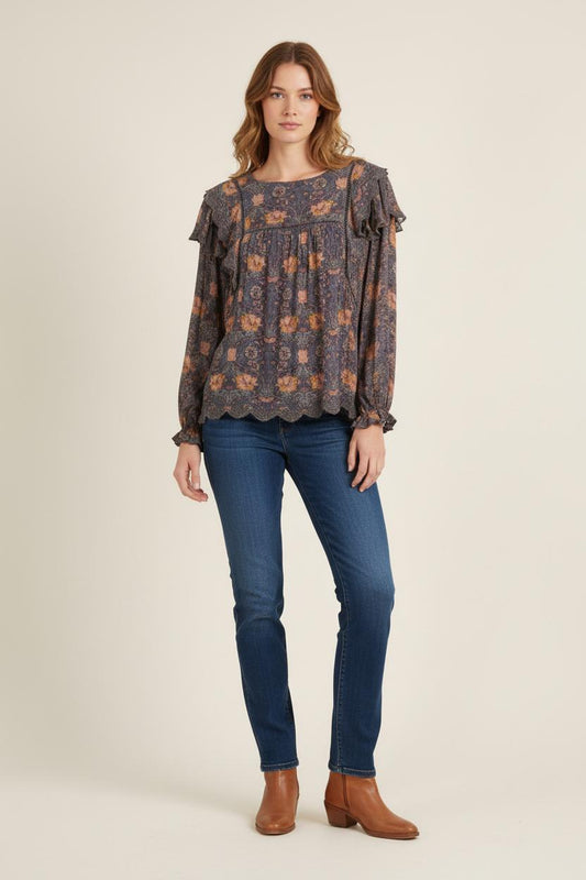 Blouse Fleurie Violette et Orange - Taille XS/34