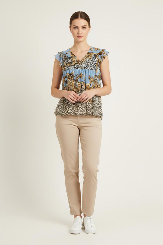 Blouse Bleue et Beige - Taille L/40