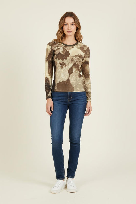 Tee-shirt Manches Longues Marron et Beige - Taille M/38