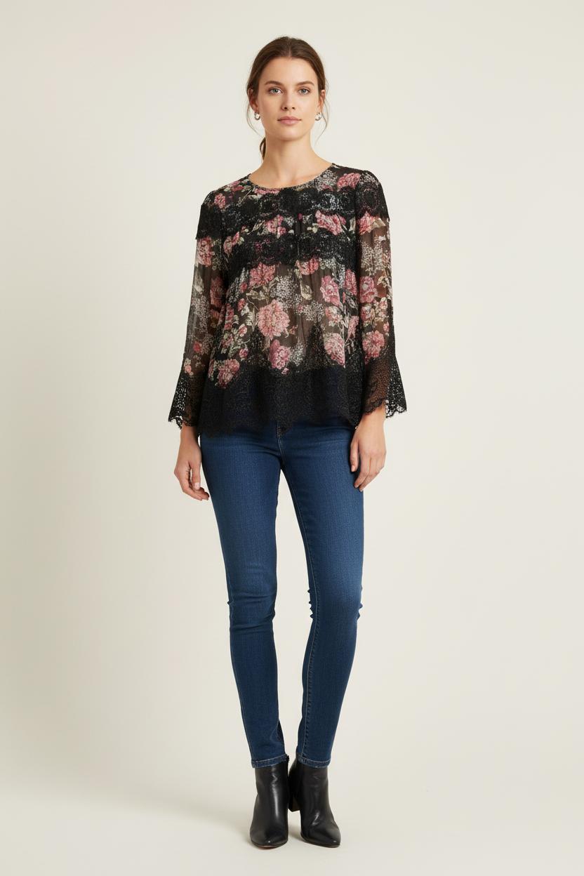 Blouse Noire et Fleurie - Taille M/38