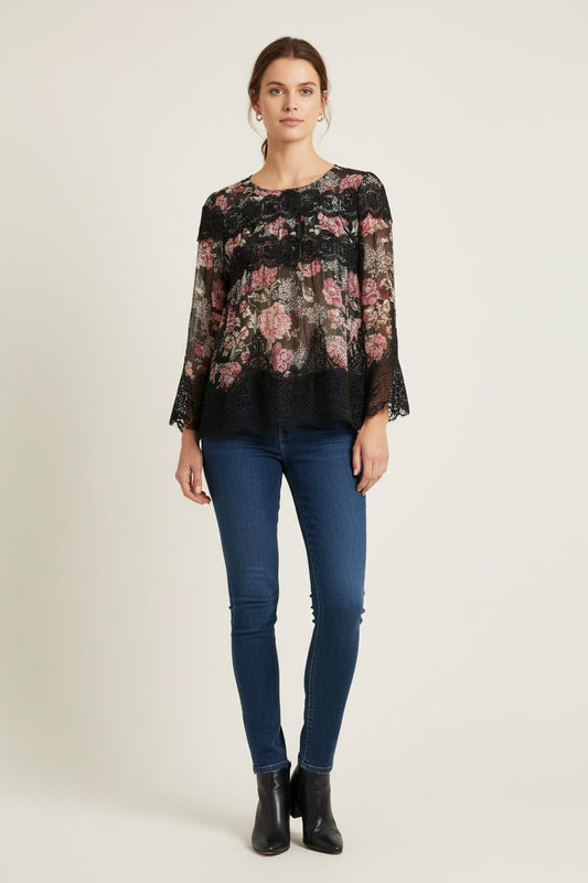 Blouse Noire et Fleurie - Taille M/38
