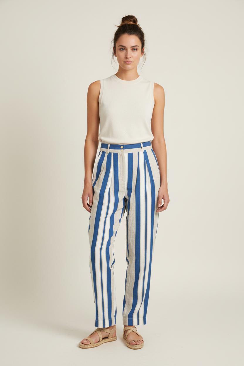 Pantalon Rayé Bleu Blanc et Beige - Taille S/36