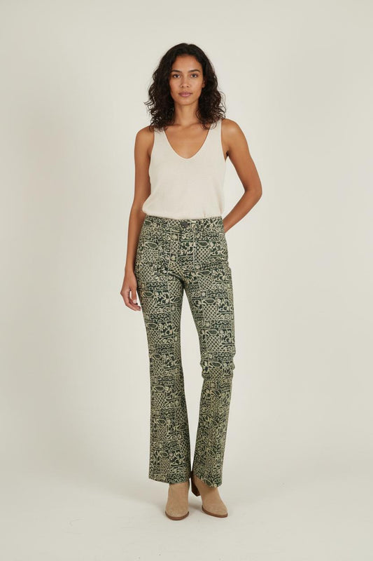 Pantalon Évasé Vert et Beige - Taille S/36