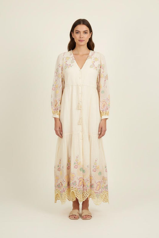 Robe Longue Beige et Multicolore - Taille S/36