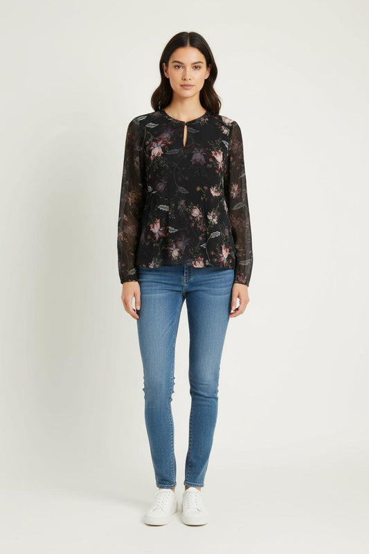 Blouse Fleurie Noire et Rose - Taille S/36