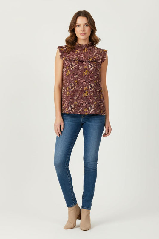 Blouse Fleurie Bordeaux et Jaune - Taille S/36