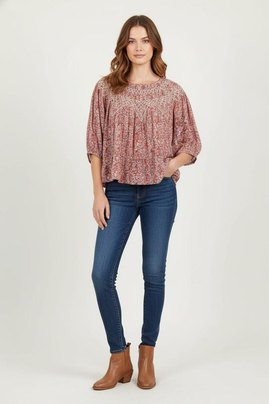 Blouse Fleurie Bordeaux et Beige - Taille M/38