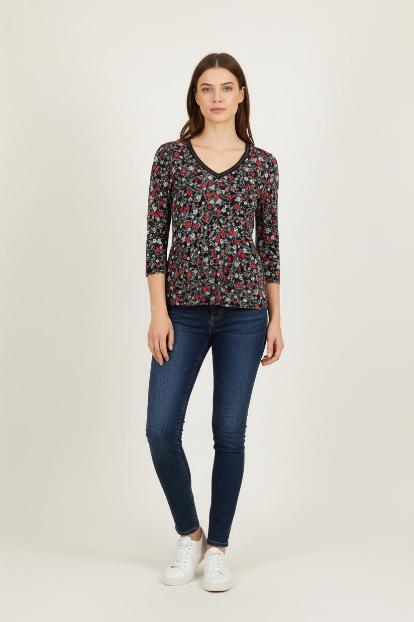 Blouse Noire et Rouge Fleurie - Taille S/36 