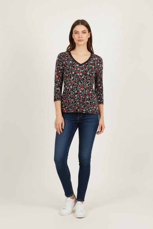 Blouse Noire et Rouge Fleurie - Taille S/36 