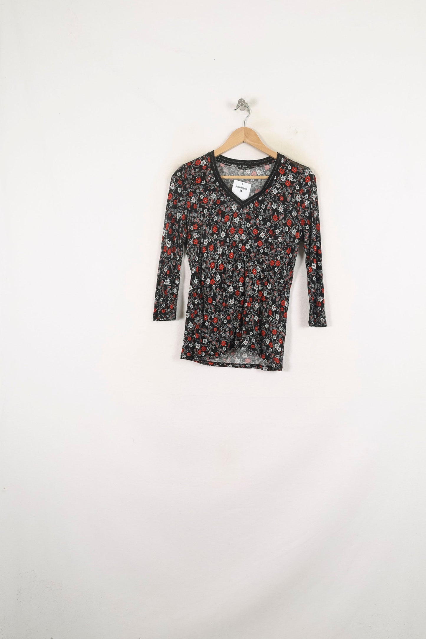 Blouse Noire et Rouge Fleurie - Taille S/36 