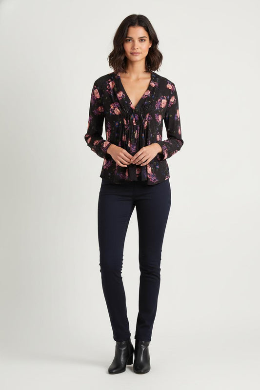 Blouse Fleurie Noire et Rose - Taille S/36