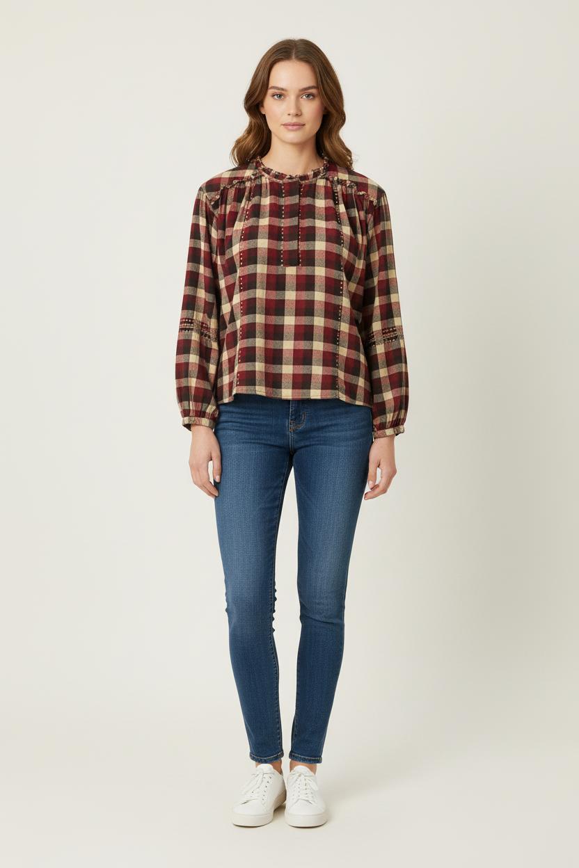 Blouse Carreaux Bordeaux et Beige - Taille XS/34