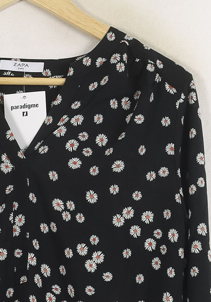 Blouse Noire à Fleurs Blanches - Taille M/38