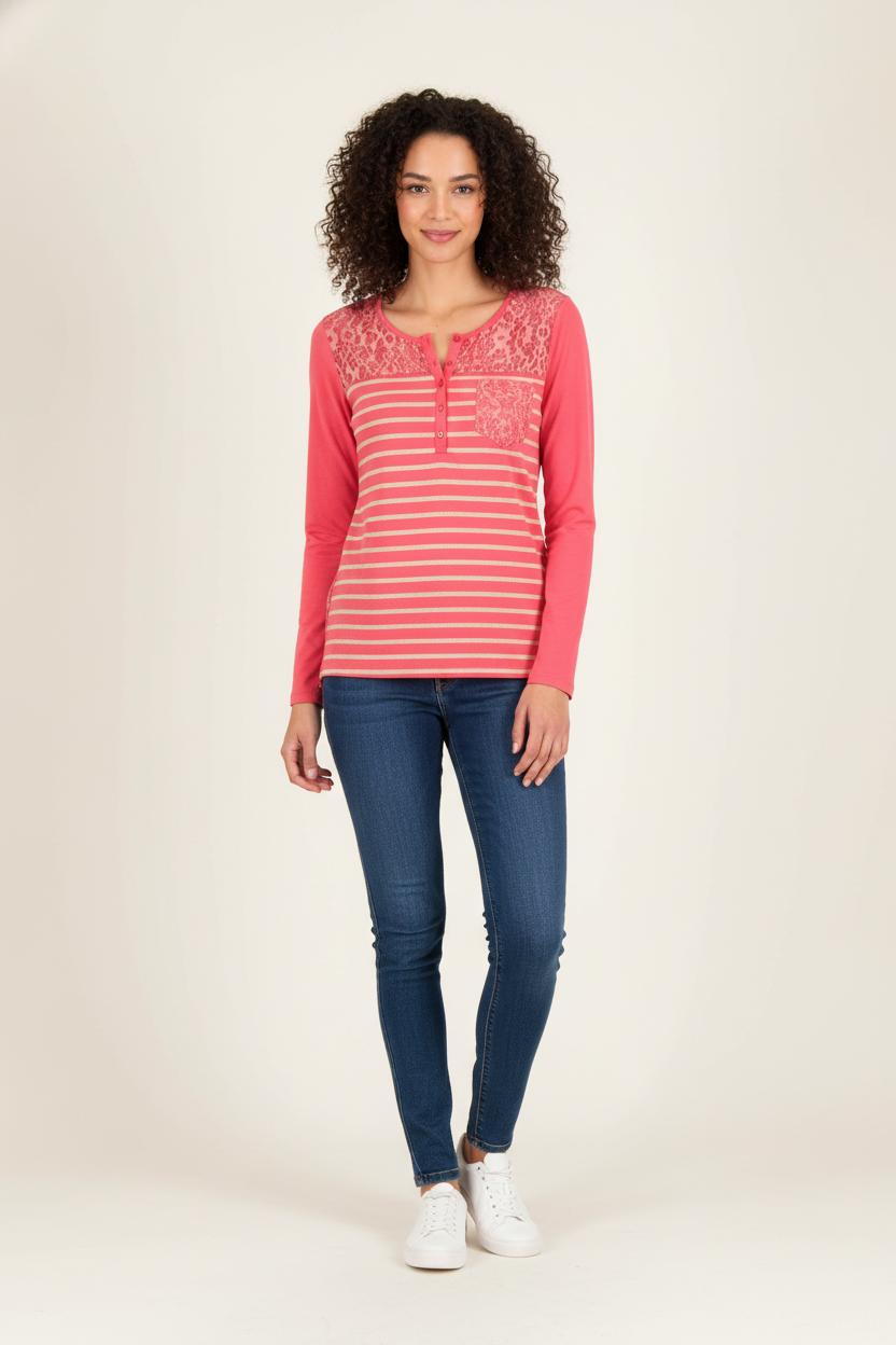 T-shirt Manches Longues Rouge et Beige - Taille S/36