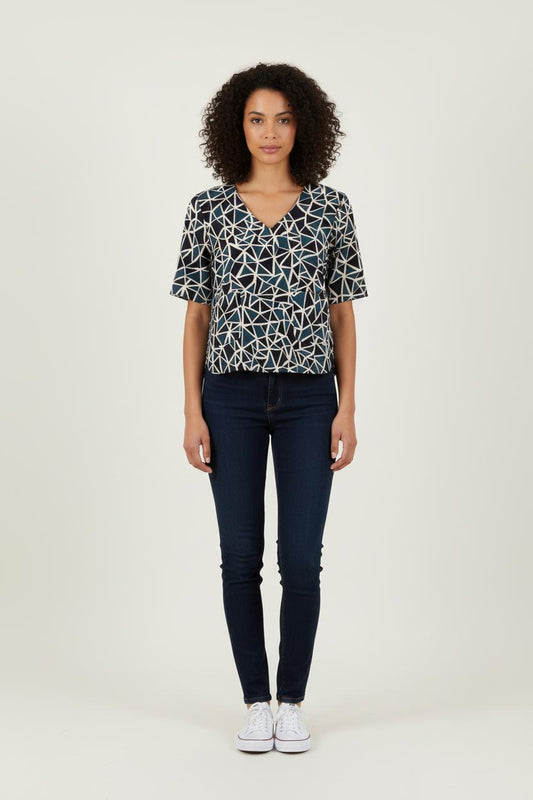 Blouse Bleu et Beige - Taille S/36