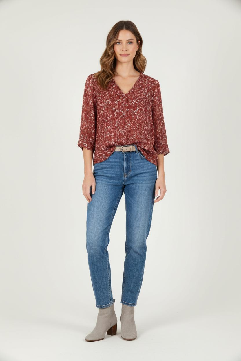 Blouse Fleurie Marron et Blanc - Taille S/36