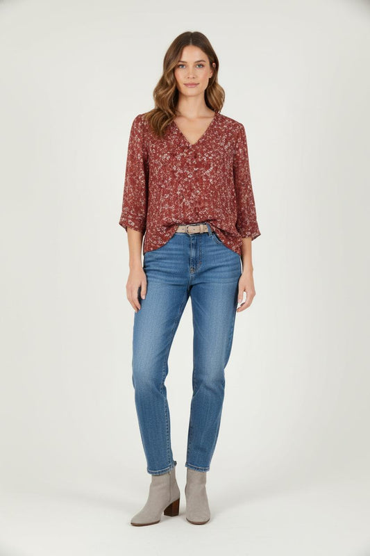 Blouse Fleurie Marron et Blanc - Taille S/36