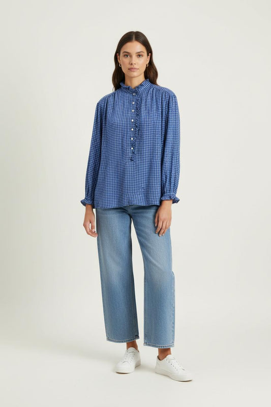 Blouse Bleue à Carreaux Blancs - Taille TU