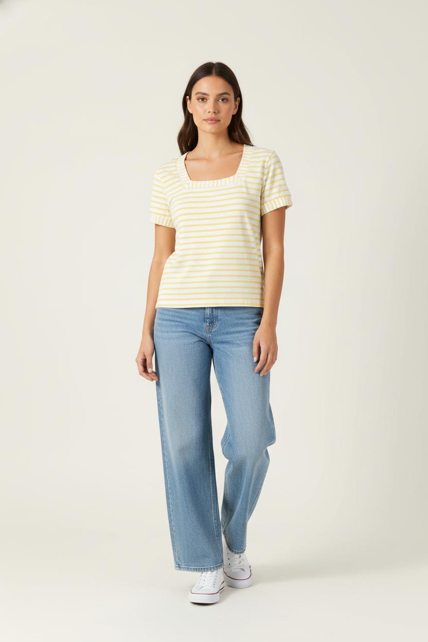 Tee-shirt Rayé Jaune et Blanc - Taille XL/42