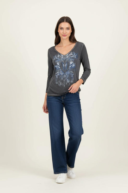 Tee-shirt Manches Longues Gris et Bleu - Taille S/36