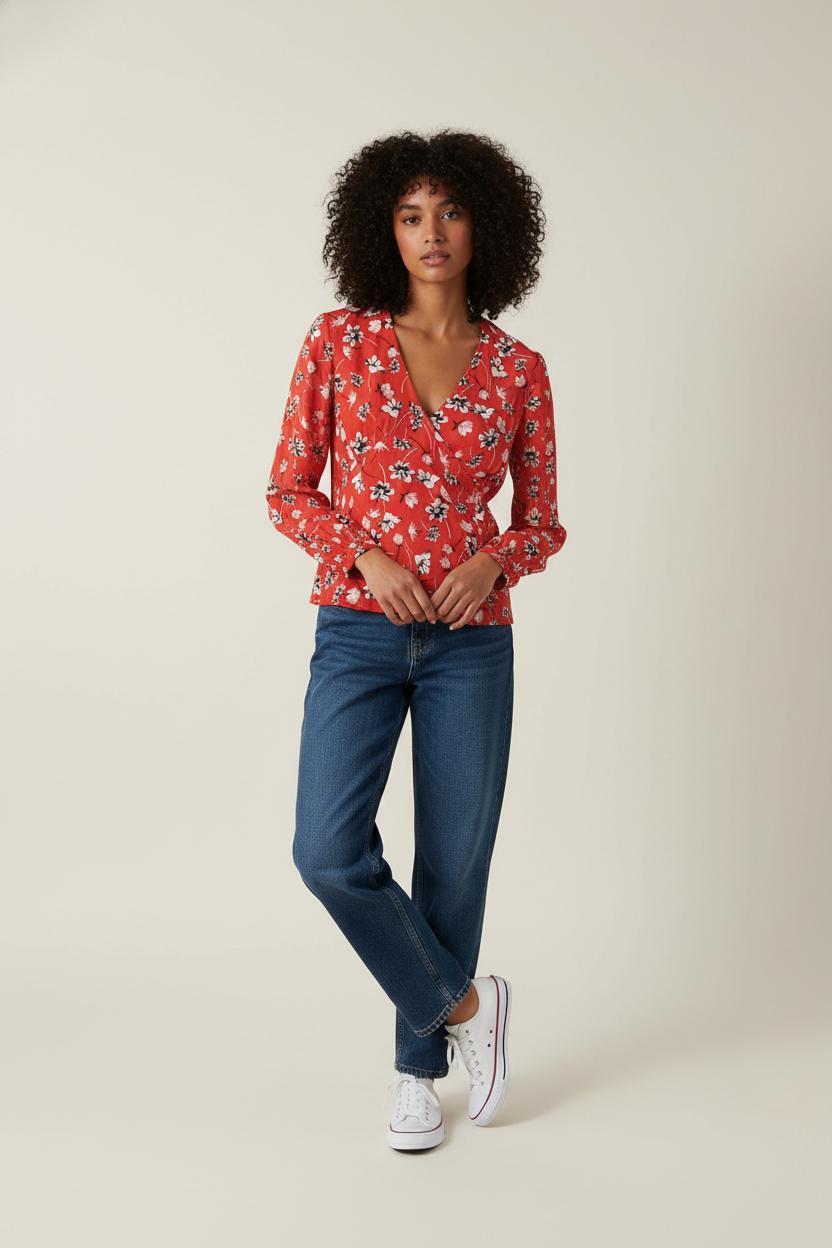 Blouse Fleurie Rouge et Blanche - Taille M/38