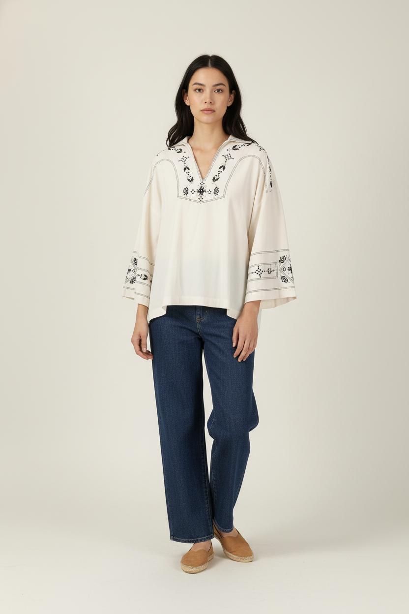 Blouse Brodée Beige et Noire - Taille L/40