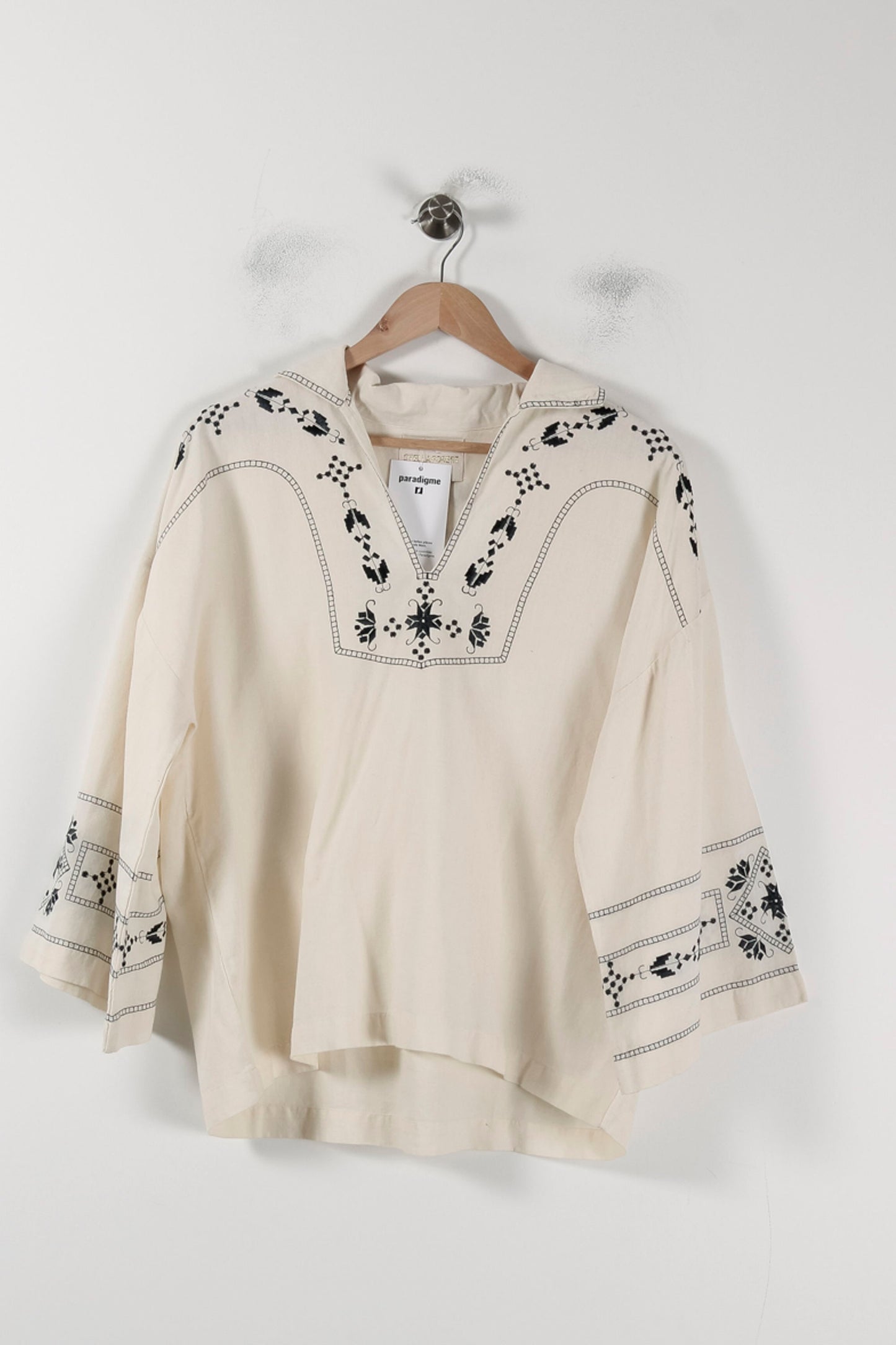 Blouse Brodée Beige et Noire - Taille L/40