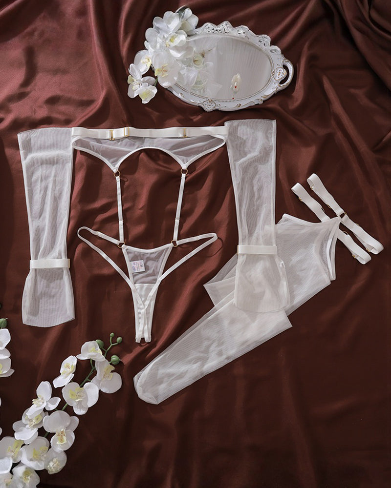 Leya™ | Ensemble de lingerie transparent avec corps, gants &amp; bas