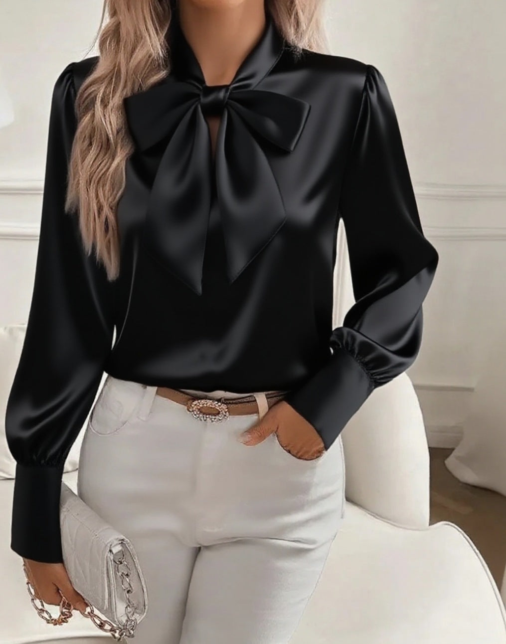 Lucie™ | Blouse Satinée avec Détail Nœud de Luxe